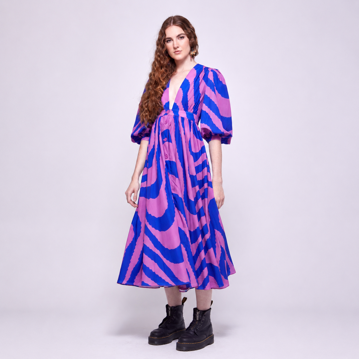 Lilly | Puffed-Sleeved Day Dress – Royal Blue & Orchid