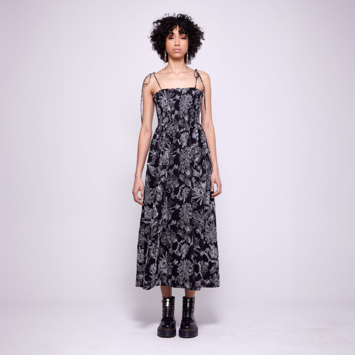 Anna | Shirred Tie Strap Midi Dress