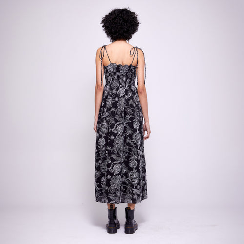 Anna | Black Shirred Tie Strap Midi Dress
