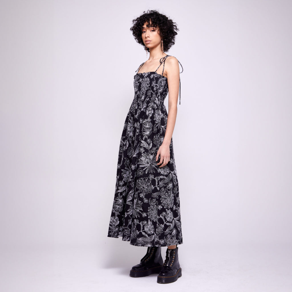 Anna | Shirred Tie Strap Midi Dress