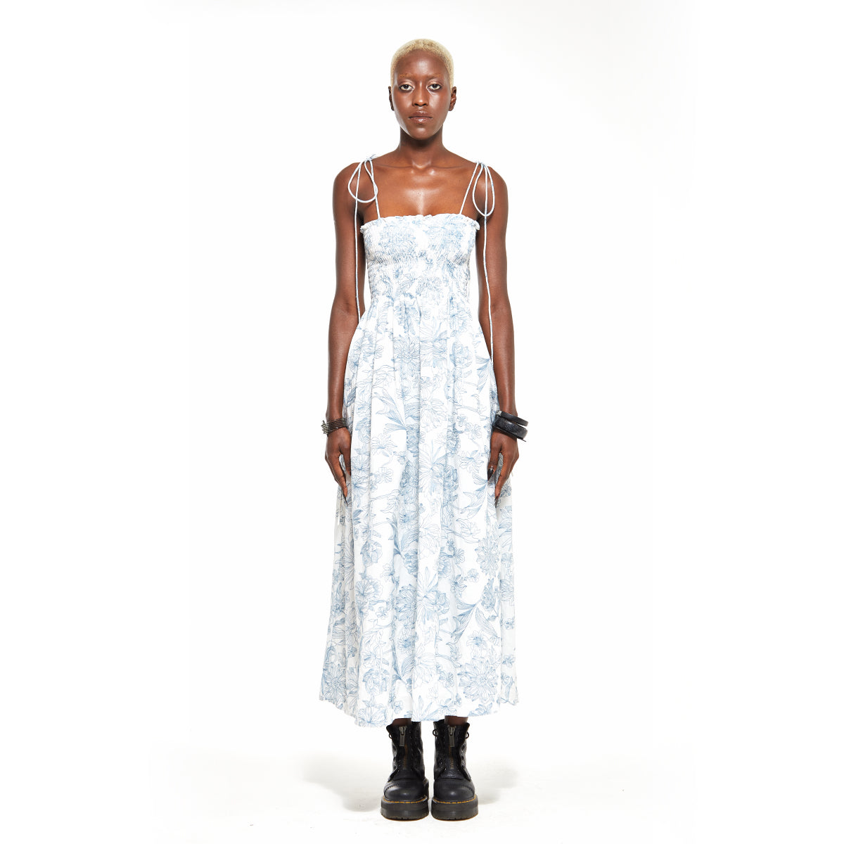 Anna | Shirred Tie Strap Midi Dress