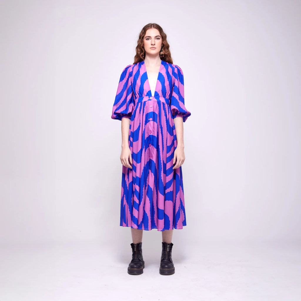 Lilly | Puffed-Sleeved Day Dress – Royal Blue & Orchid