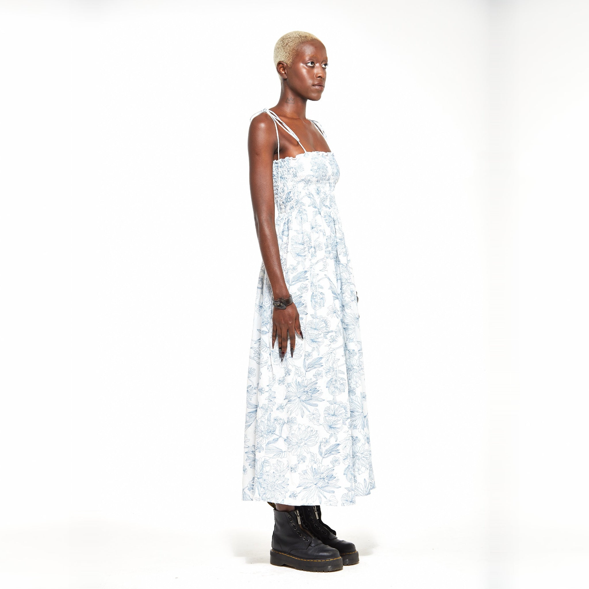Anna | White Shirred Tie Strap Midi Dress