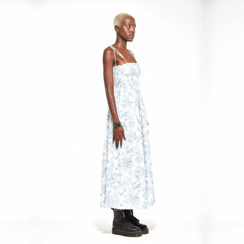 Anna | White Shirred Tie Strap Midi Dress