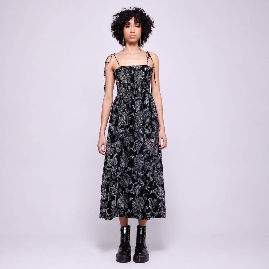 Anna | Black Shirred Tie Strap Midi Dress