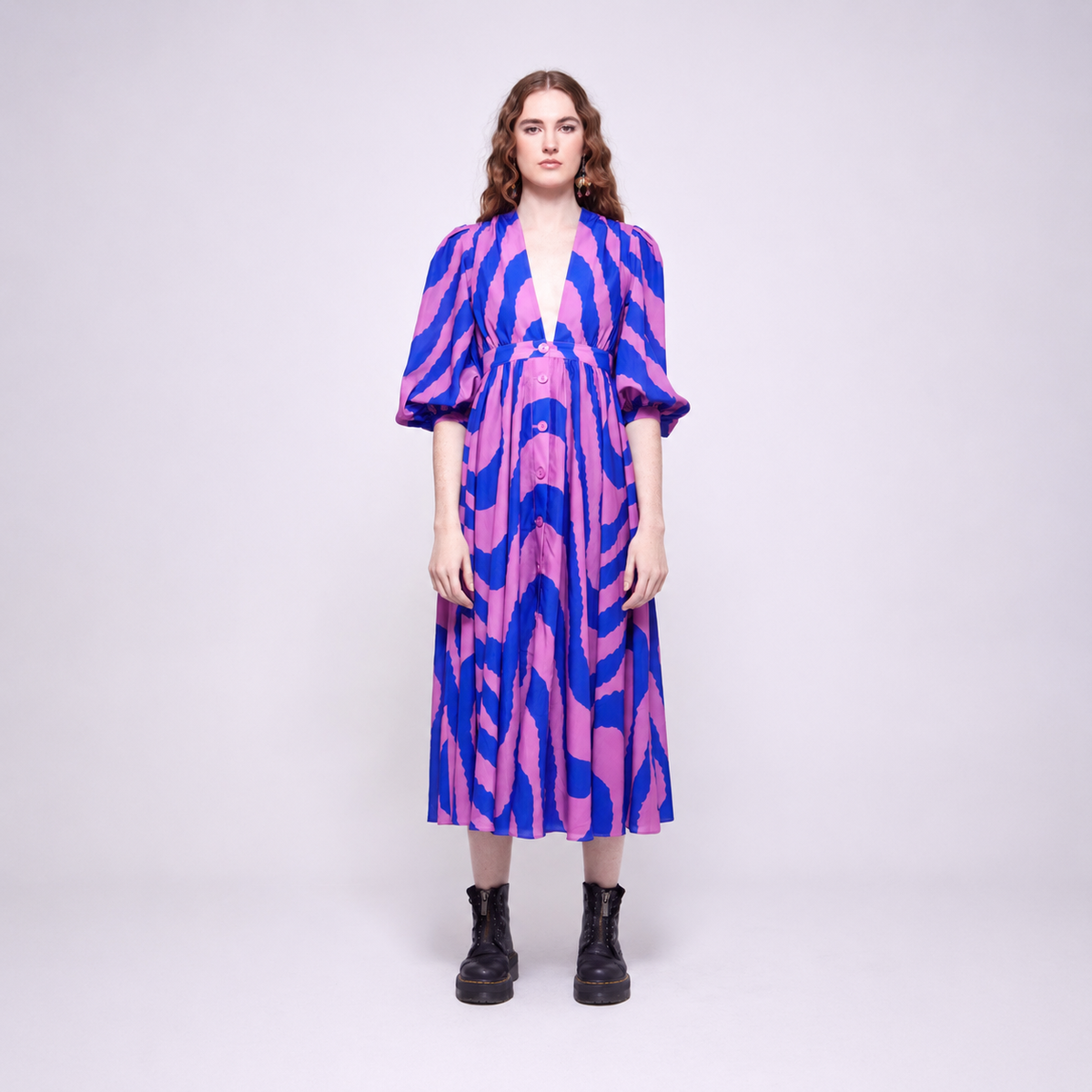 Lilly | Puffed-Sleeved Day Dress – Royal Blue & Orchid