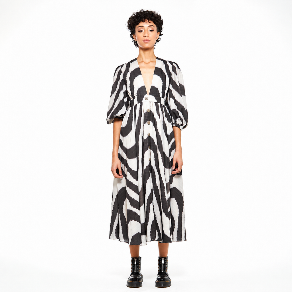 Lilly | Puffed-Sleeved Day Dress – Cream & Graphite Gray