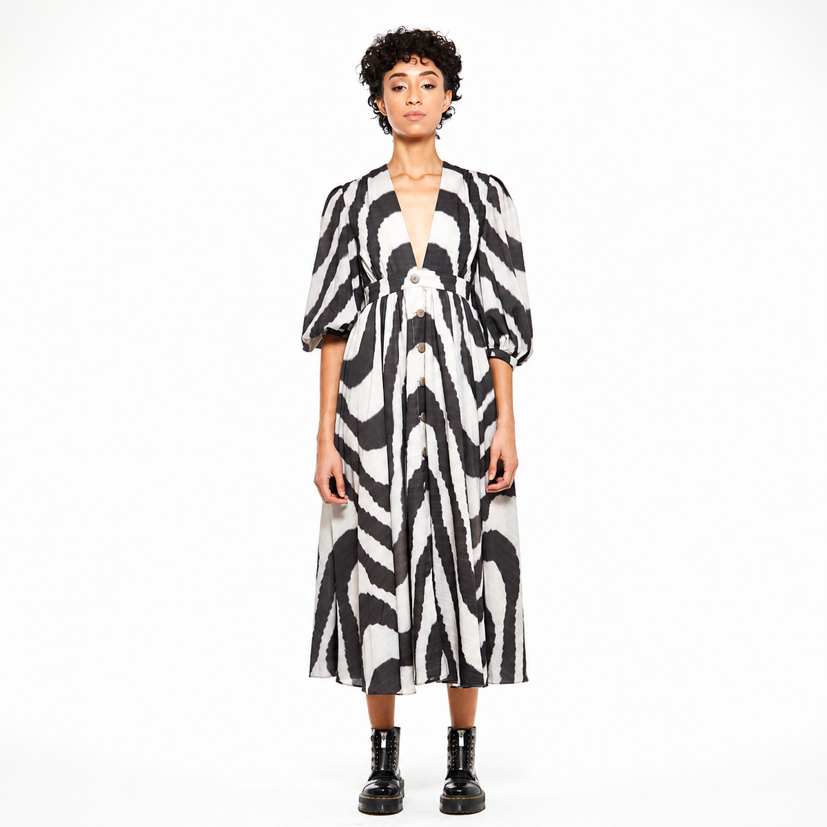 Lilly | Puffed-Sleeved Day Dress – Cream & Graphite Gray