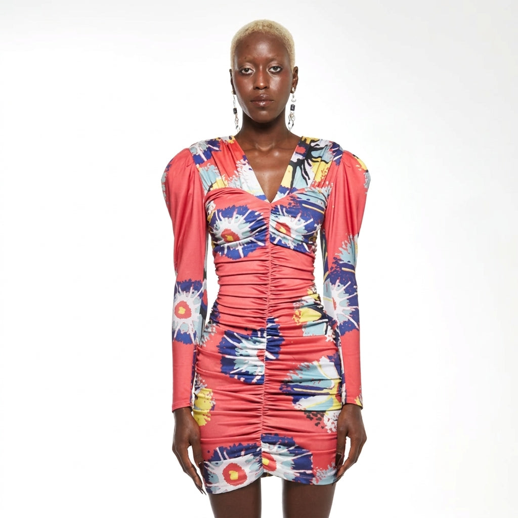 Flora | Form-Fitting Rouched Long Sleeve Dress – Solar Flare Scarlett
