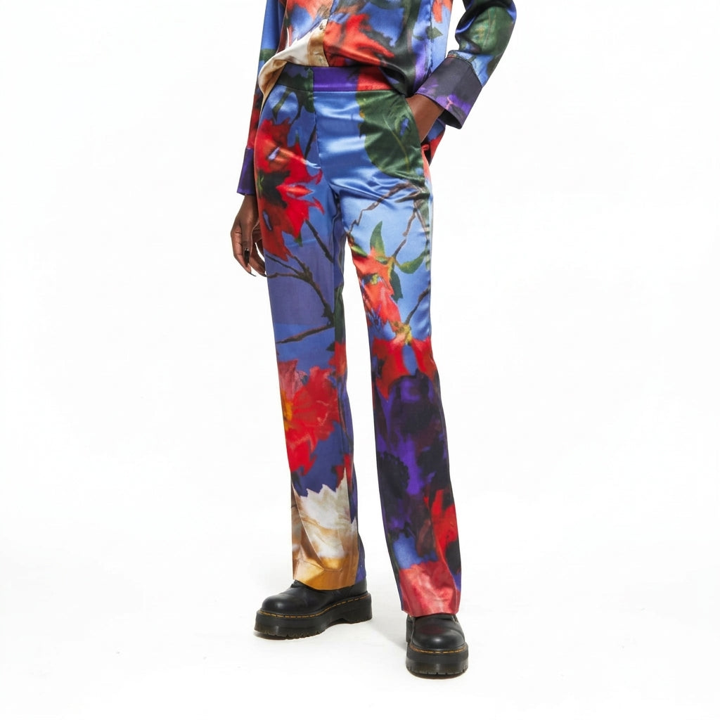 Chrysanthemum | Floral Silk Pants – Blue, Red & Black Floral