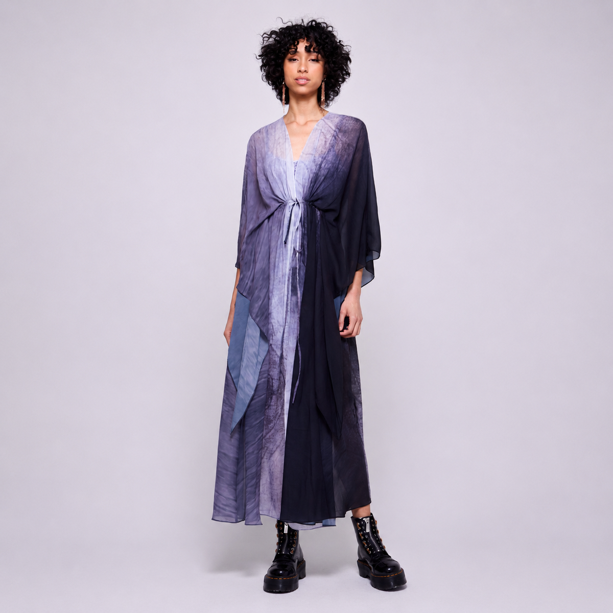 Lilac | Wide Sleeve Drawstring Duster Dress – Gradient of Gray