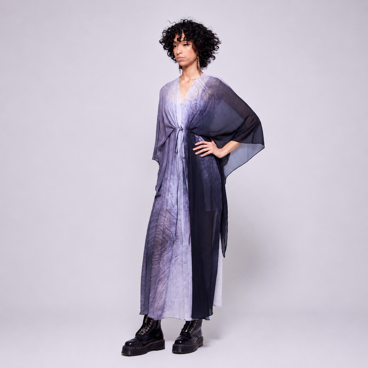 Lilac | Wide Sleeve Drawstring Duster Dress – Gradient of Gray