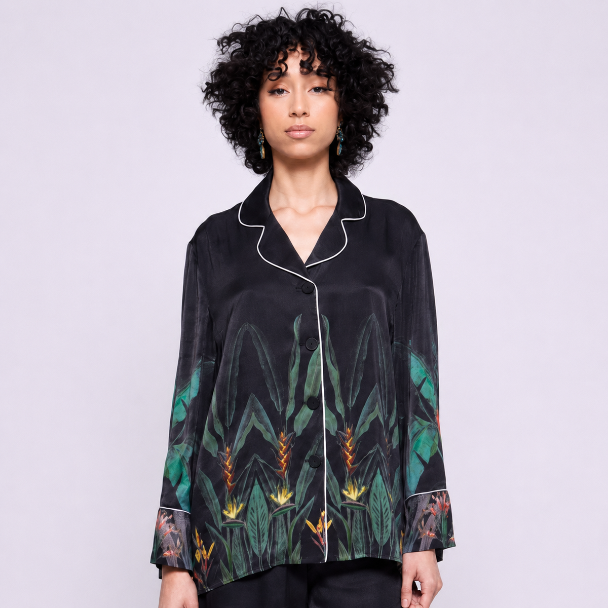 Sage | Midnight Garden Silk Button Up Top